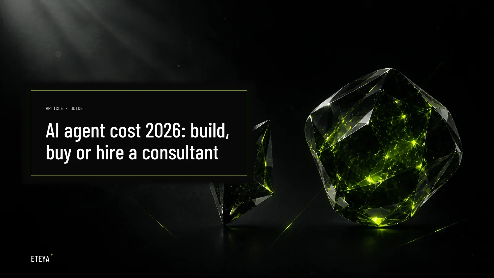 Two dark crystal forms in obsidian material balancing against each other with subtle lime-green light trails, symbolizing cost versus return for AI agents