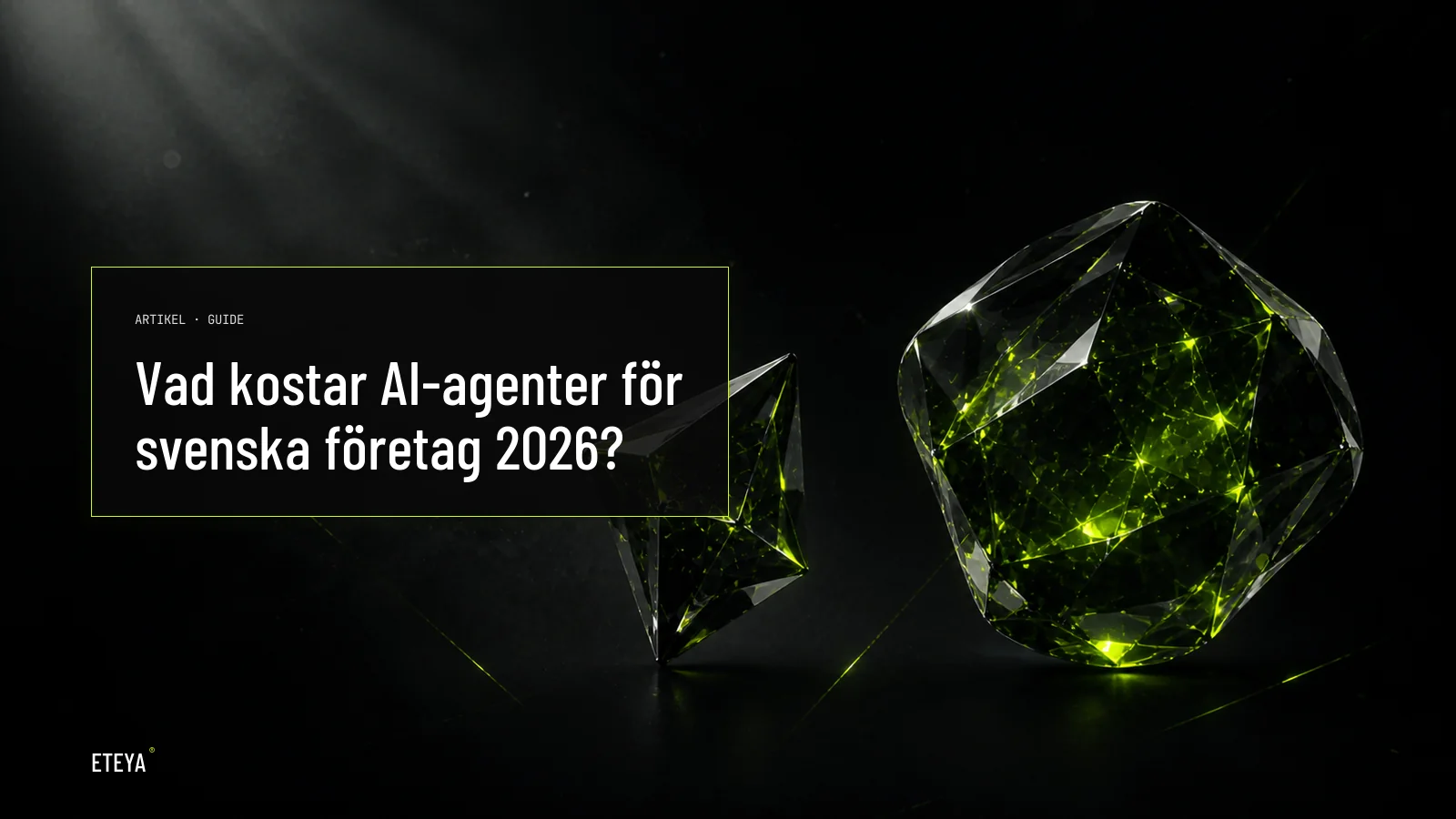 Två mörka kristallformer i obsidian-material som balanserar mot varandra med subtila lime-gröna ljusspår, symboliserar kostnad mot avkastning för AI-agenter