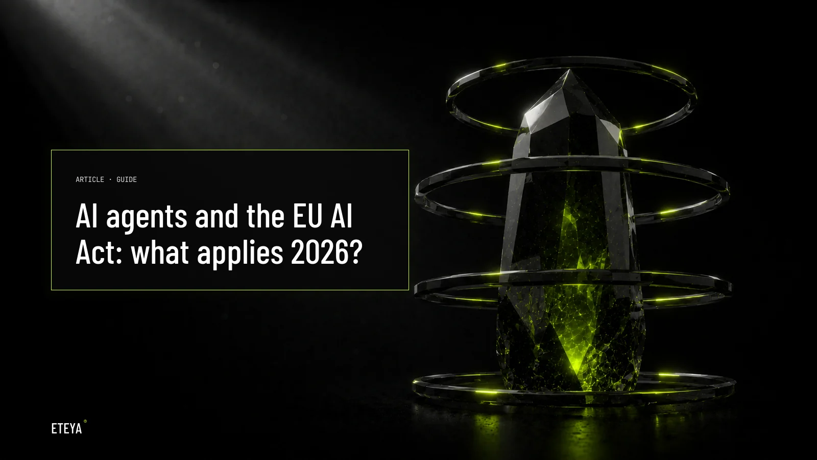 A dark obsidian AI agent form encircled by concentric lime-green rings suggesting a regulatory framework around the technology, against deep black