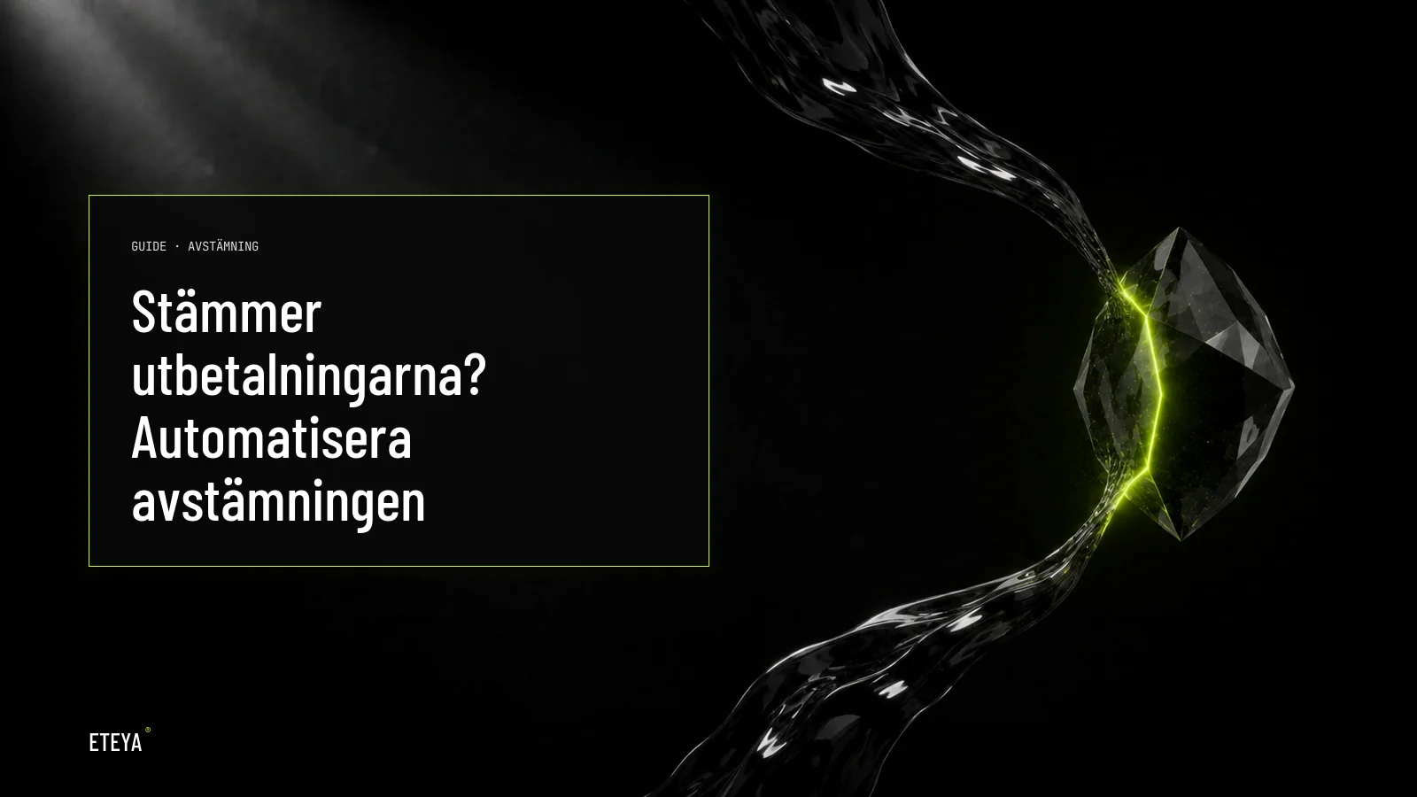 Två flytande obsidianströmmar möts och kristalliseras i en gemensam punkt, ett tunt limegrönt ljusstreck markerar fogen där de låser i varandra, mörk bakgrund med fritt utrymme till vänster