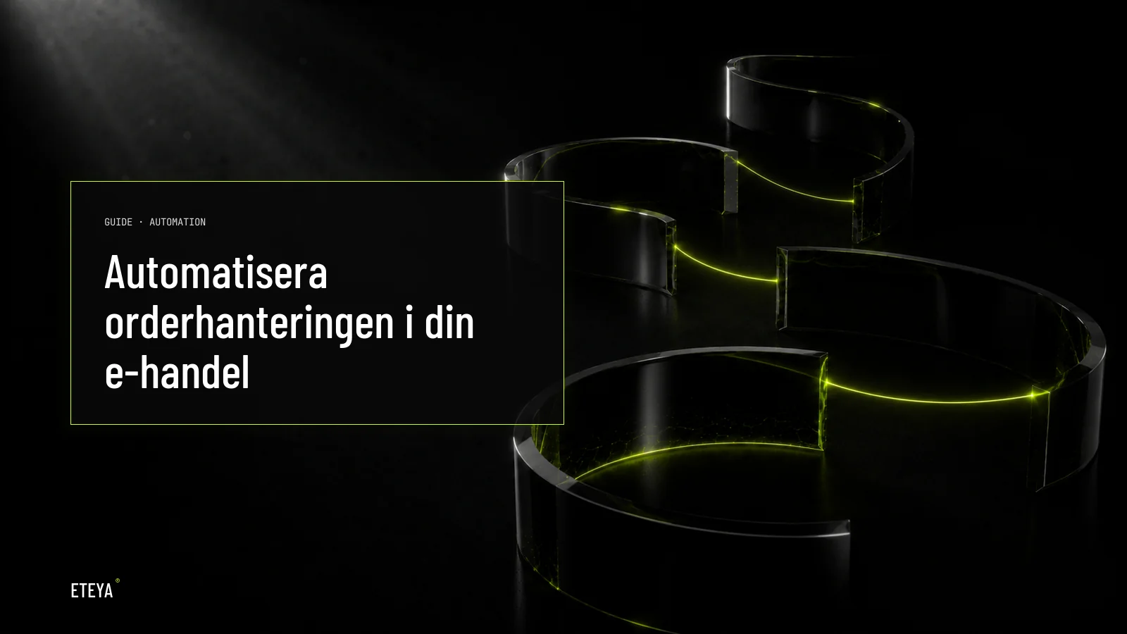 Abstrakt visualisering av ett automatiserat orderflöde i e-handel: mörka obsidian-glasband sammanbundna av tunna lime-gröna ljuslinjer, höger-tyngd komposition