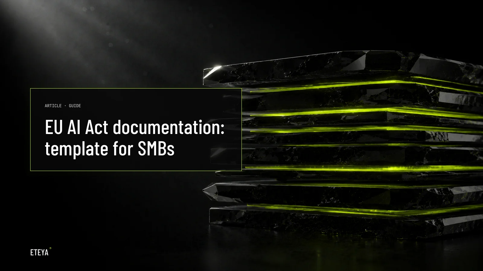 Dark obsidian layers stacked like filed documents represent EU AI Act documentation for Swedish SMBs