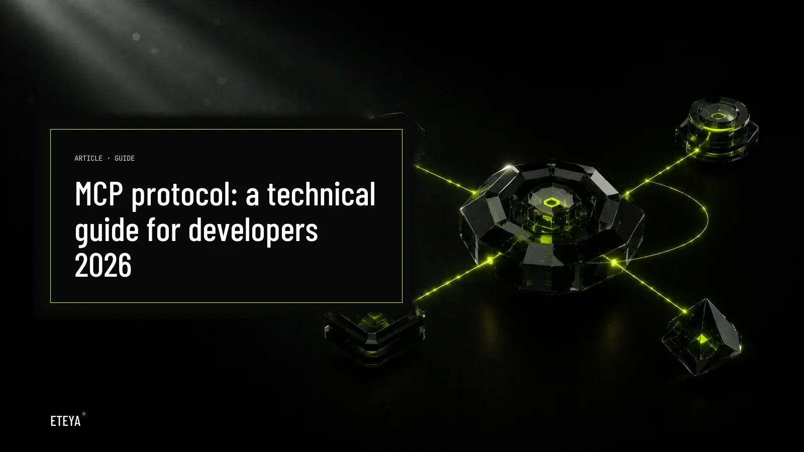 Central obsidian crystal surrounded by four smaller satellite crystals, connected by lime-green light filaments symbolizing the MCP protocol between client and servers
