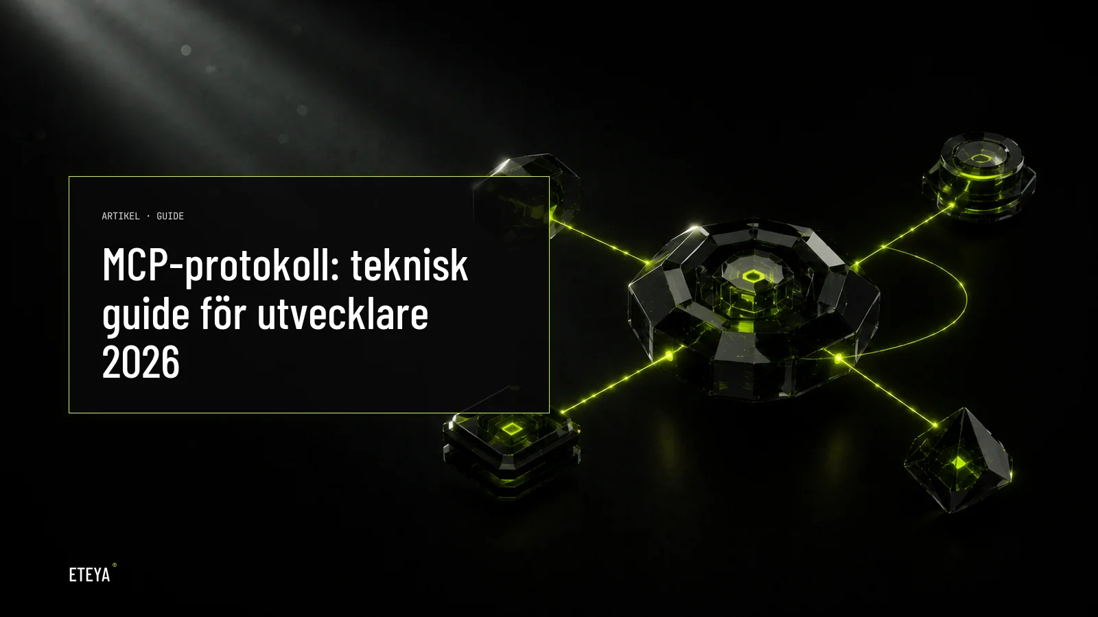Central obsidian-kristall omgiven av fyra mindre satellit-kristaller, ihopkopplade med lime-gröna ljus-filament som symboliserar MCP-protokoll mellan klient och servrar