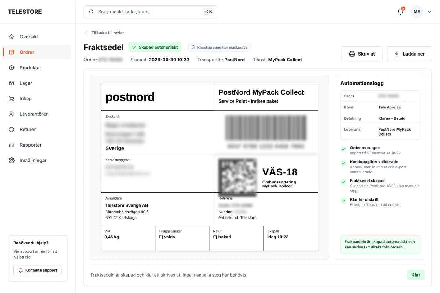 A PostNord shipping label created automatically when the order came in, with an automation log showing each step, sensitive customer details masked