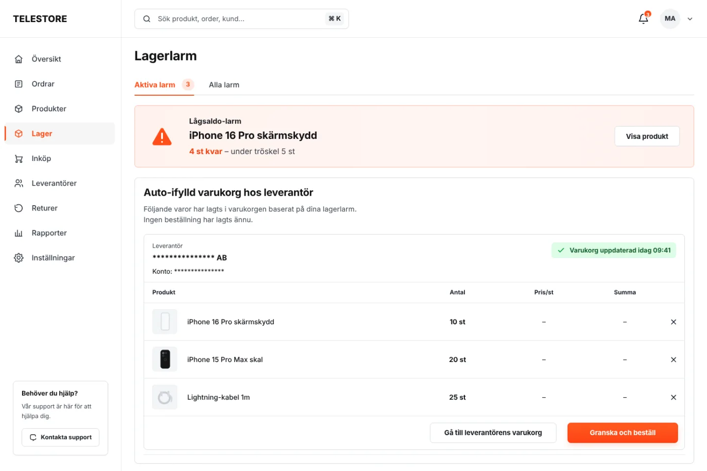 A low-stock alert in Telestore's system showing that the screen protectors for a model are below the threshold, and a supplier cart the system filled automatically but did not order