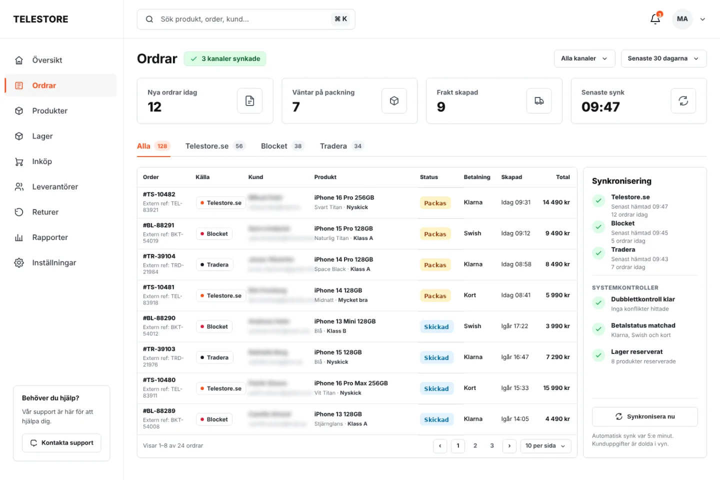 Telestore order view with orders from telestore.se, Blocket and Tradera gathered and synced in one shared flow, customer details hidden