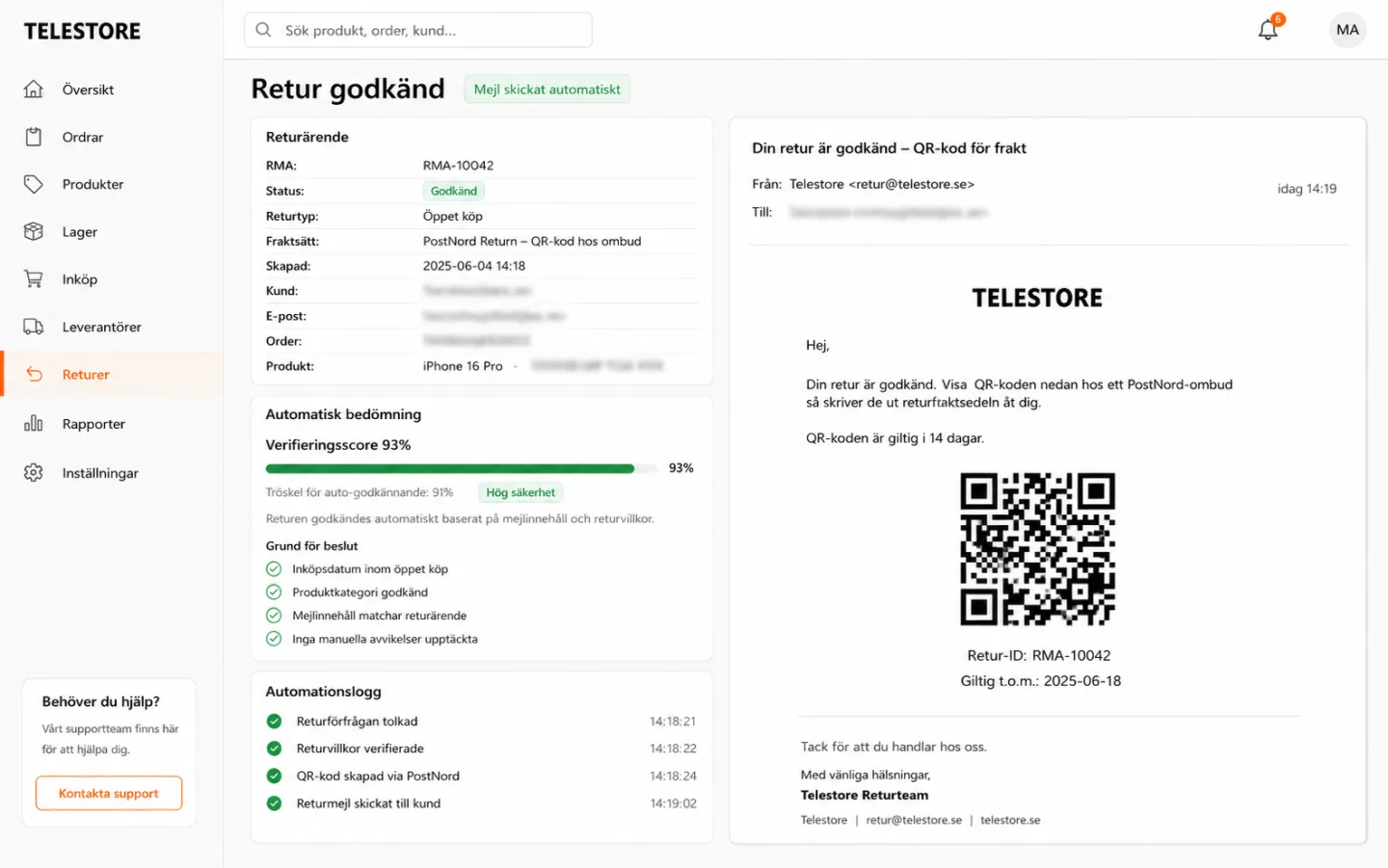A return case in Telestore's system where the right of withdrawal was approved automatically against purchase date and policy, and an email with a QR code was sent to the customer, customer details masked