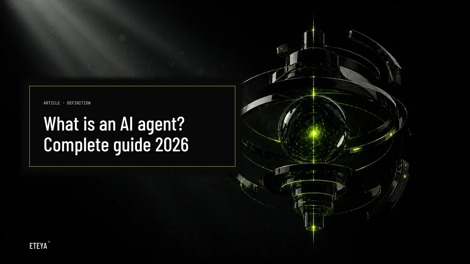 Dark crystal form in obsidian material glowing from within with subtle lime-green light, symbolizing an AI agent's autonomous reasoning