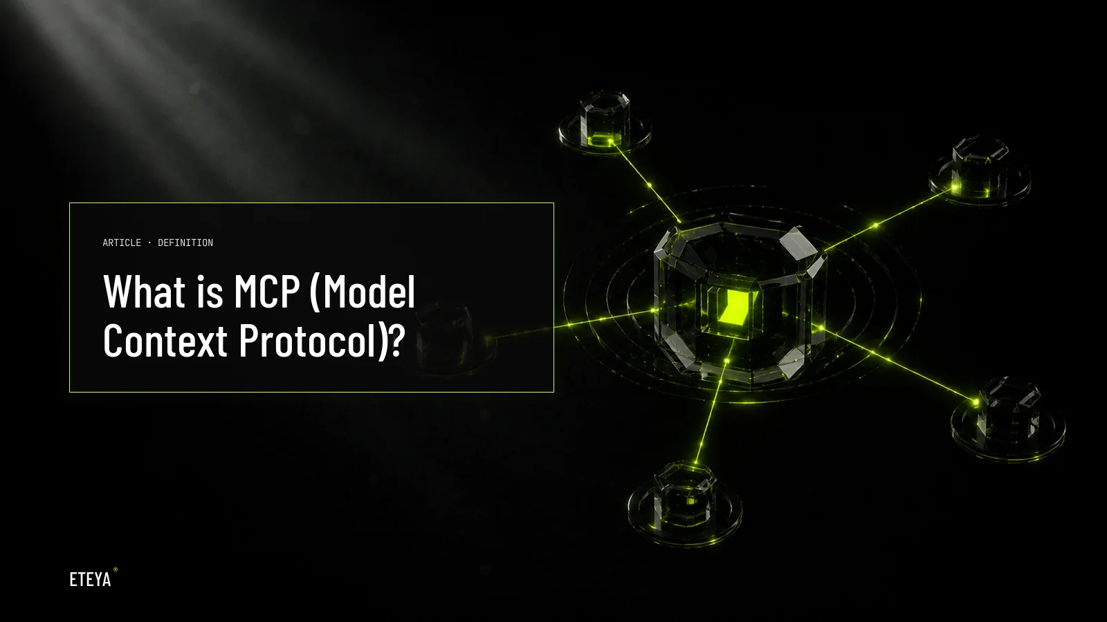 Dark crystal form in obsidian material with subtle lime-green light pulses radiating outward toward three smaller crystals, symbolizing MCP as protocol between AI model and external systems